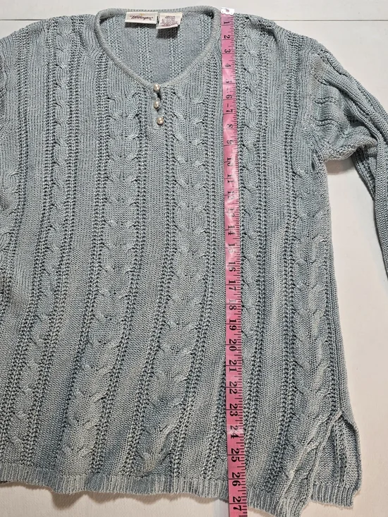 Worthington Sage Green V-Neck Cable Knit Sweater with Button Detail. 60% Silk - Picture 7 of 11